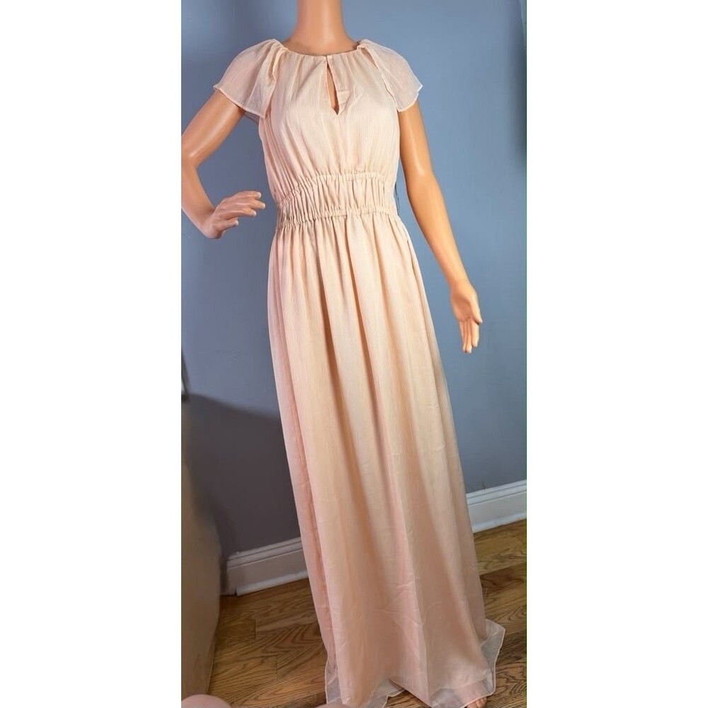 Zara Basic Peach Orange Chiffon Maxi Dress Flutter Sleeve Keyhole NWT Small.